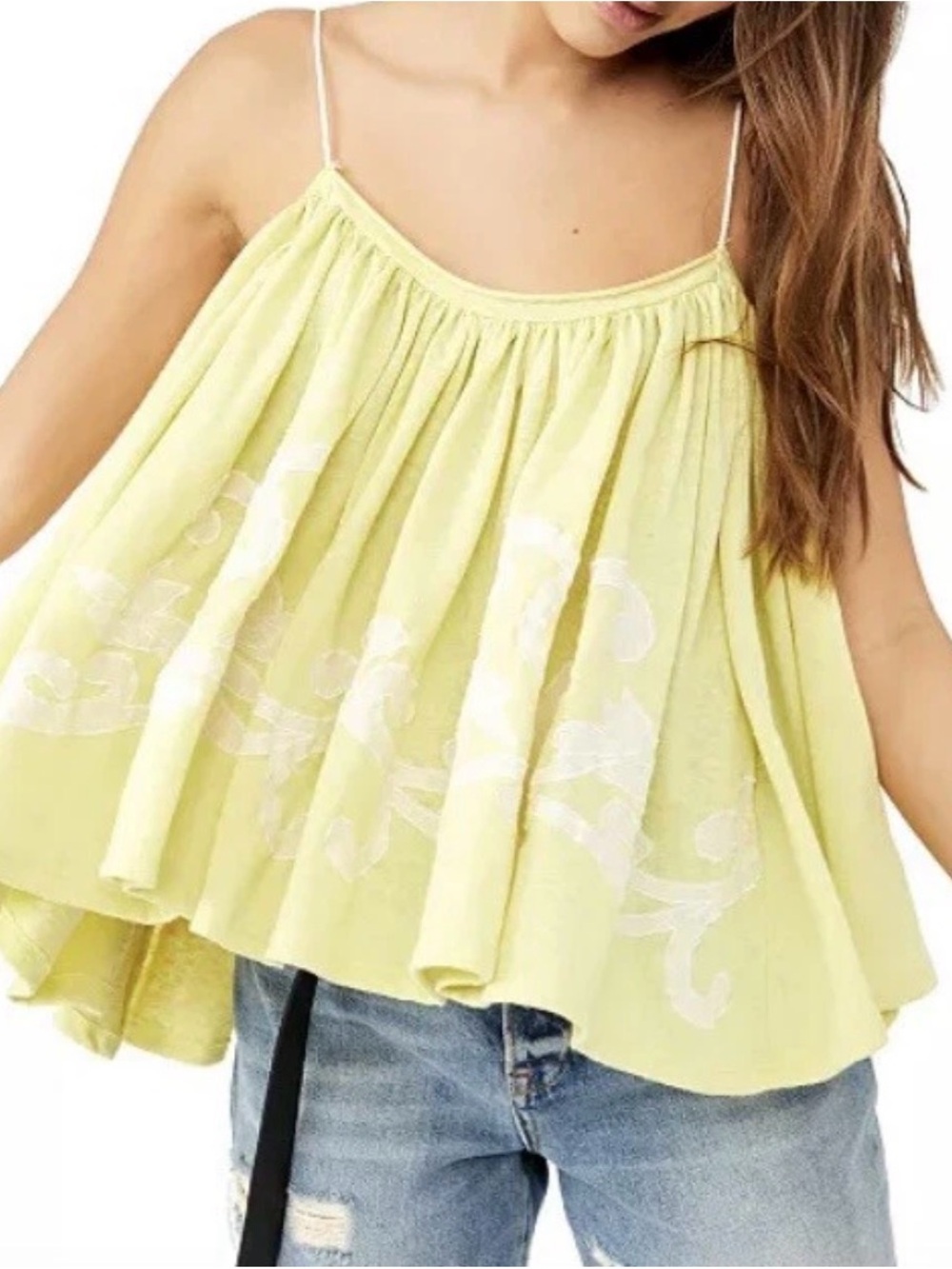 Free People On Clouds Tank Top Size Small Yellow Embroidered Boho Flowy Summer